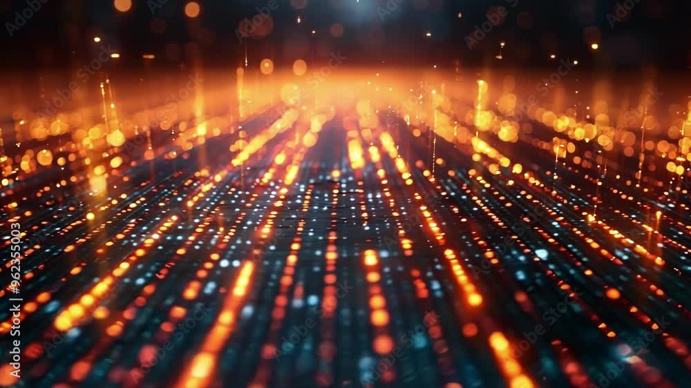 Aufkleber abstract technology background with a perspective view of glowing orange particles flowing upwards o