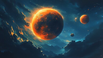 In the deep night sky, a series of orange planets emit faint lights, forming a mysterious cosmic scene, showing the wonderful distance and charming colors between the stars.