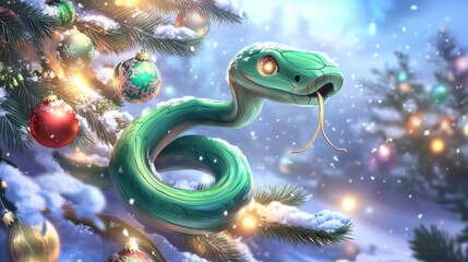 Fototapeta premium Illustration for a greeting or postcard for the new year 2025 of the female green wood snake