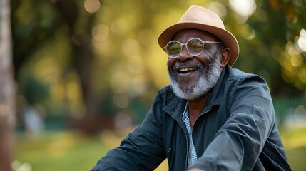 Obraz premium Joyful Elderly Man Smiling Outdoors Wearing Hat Glasses Enjoying Nature | AI Generated