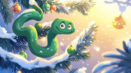 Obraz premium Illustration for a greeting or postcard for the new year 2025 of the female green wood snake