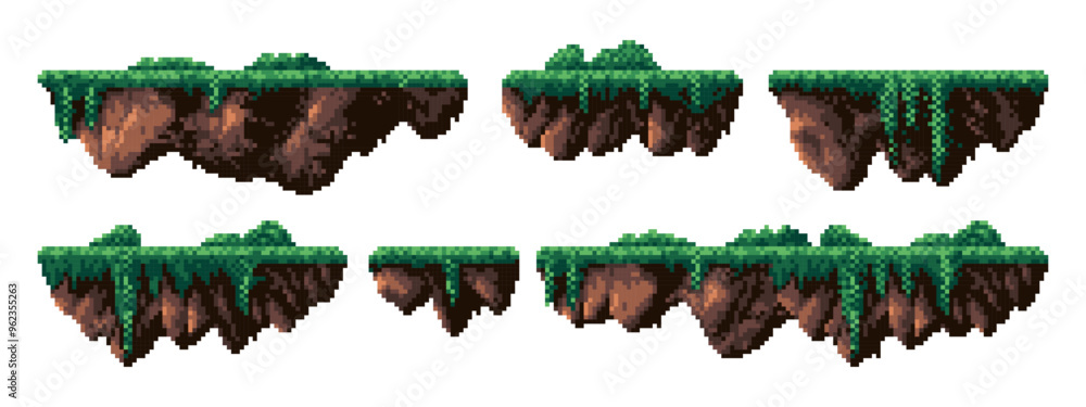 Poster pixel art platforms set for game levels, 8 bit retro design video game, floating islands, flying pla