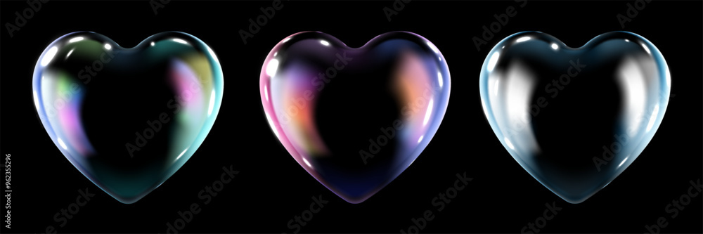 Poster set of glass transparent hearts in different colors, realistic soap bubble in the shape of a heart, 