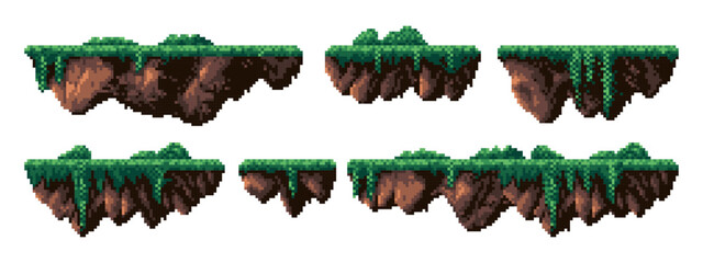 pixel art platforms set for game levels, 8 bit retro design video game, floating islands, flying platforms, rocks and grass, vector illustration © hiten666
