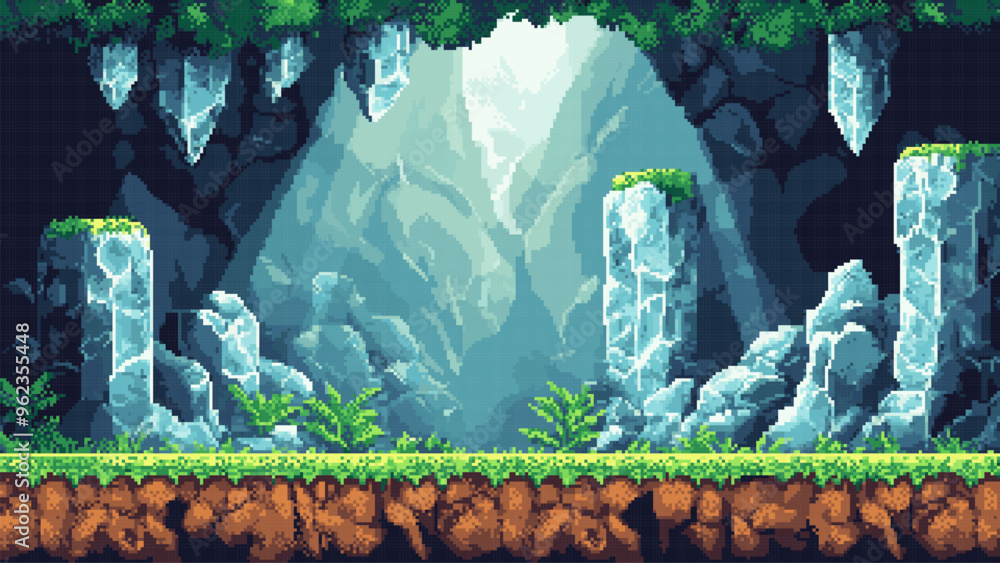 Poster pixel art retro game level, crystal cavern, 8 bit 2d video game background, underground cave and wit