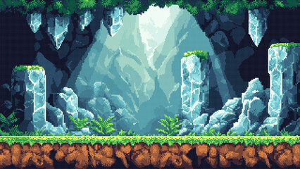 pixel art retro game level, Crystal Cavern, 8 bit 2d video game background, underground cave and with grass, rocks and platform. Vector illustration © hiten666
