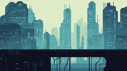 pixel art sci fi city, cyberpunk game level background, 8 bit image futuristic cityscape, 2d pixel retro design, skyscrapers, city lights, platform, vector illustration © hiten666