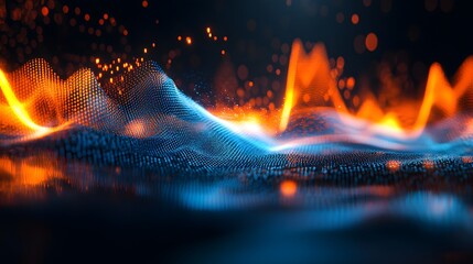 Sound waves with glowing neon lines on a dark background, 2D illustration style, in the style of blue and orange colors