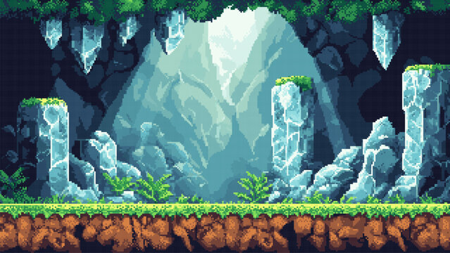 pixel art retro game level, Crystal Cavern, 8 bit 2d video game background, underground cave and with grass, rocks and platform. Vector illustration