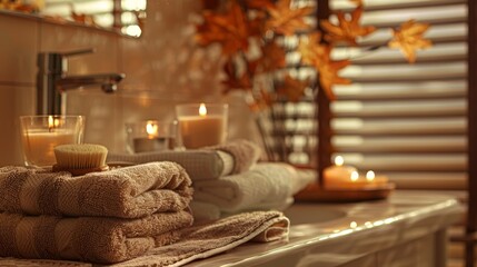 Charming fall atmosphere in the bathroom  warm towels, scented candles, and autumn decor