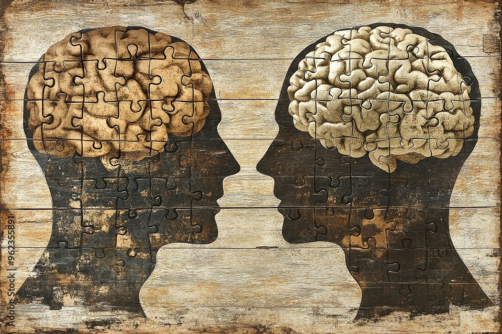 Poster brain tissue architecture creative intellect puzzle piece heads facing each other symbolizing the co