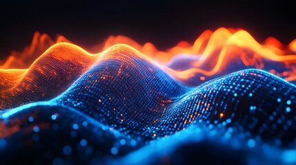 Sound waves with glowing neon lines on a dark background, 2D illustration style, in the style of blue and orange colors
