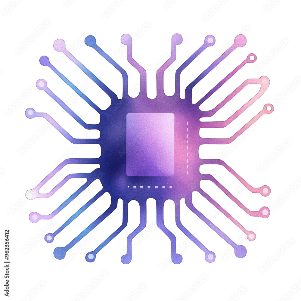 Poster abstract digital circuit design featuring a vibrant microchip with intricate connections and modern 