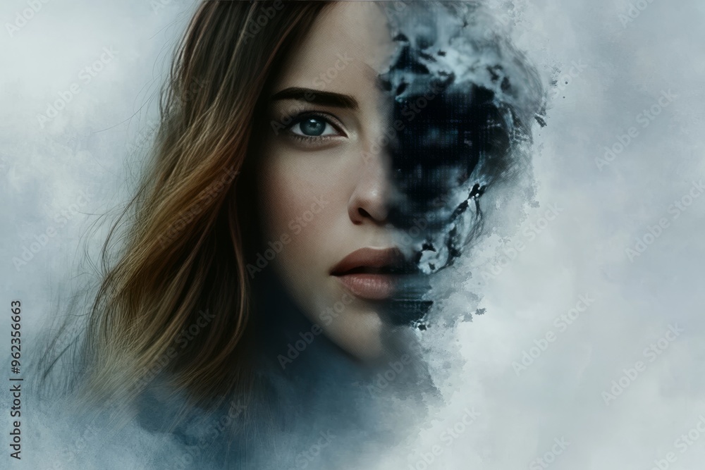 Poster brain cell pathways mental acuity woman’s face dissolving into abstract particles symbolizing the fr