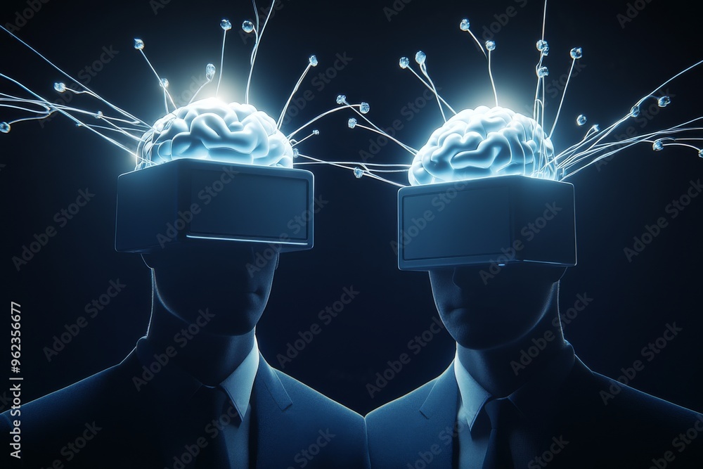 Poster neural structure mental acuity two men in suits wearing vr headsets with glowing brain networks repr