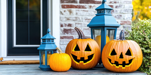 Obraz premium Front porch halloween decor. Festive exterior of a country house with pumpkins and lanterns
