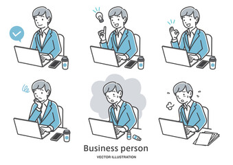 パソコンで仕事をする男性の社員のイラストセット