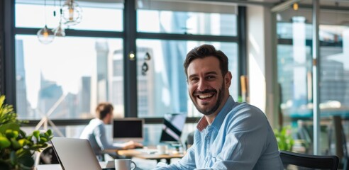 Fototapeta premium A businessman is deeply engrossed in his work at the office, displaying a thoughtful expression while exuding happiness and professionalism in his posture and positioning.