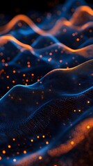 Sound waves with glowing neon lines on a dark background, 2D illustration style, in the style of blue and orange colors