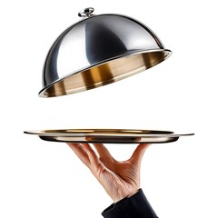 Silver serving cloche raised above empty golden plate, cut out