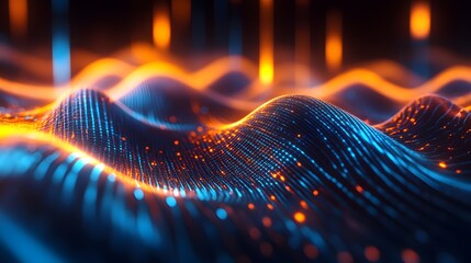 Sound waves with glowing neon lines on a dark background, 2D illustration style, in the style of blue and orange colors