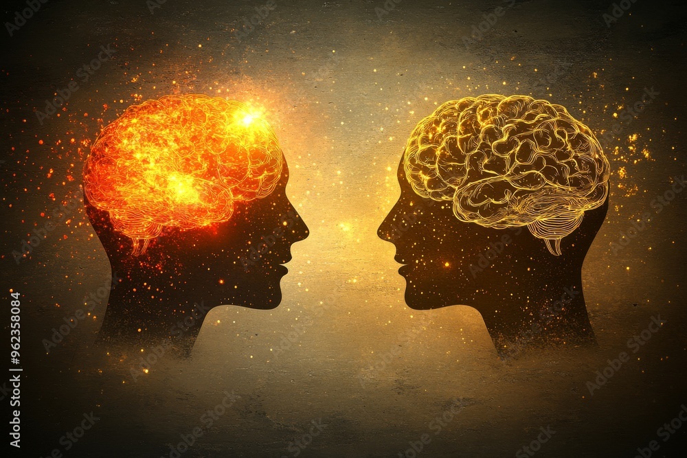 Aufkleber neural cell biology mental acuity two brains glowing against a dark background representing the inte