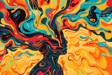 Fototapeta premium An abstract composition featuring vibrant colors swirling around a silhouette, representing creativity and emotion in a dynamic flow.