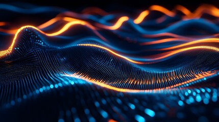 Sound waves with glowing neon lines on a dark background, 2D illustration style, in the style of blue and orange colors
