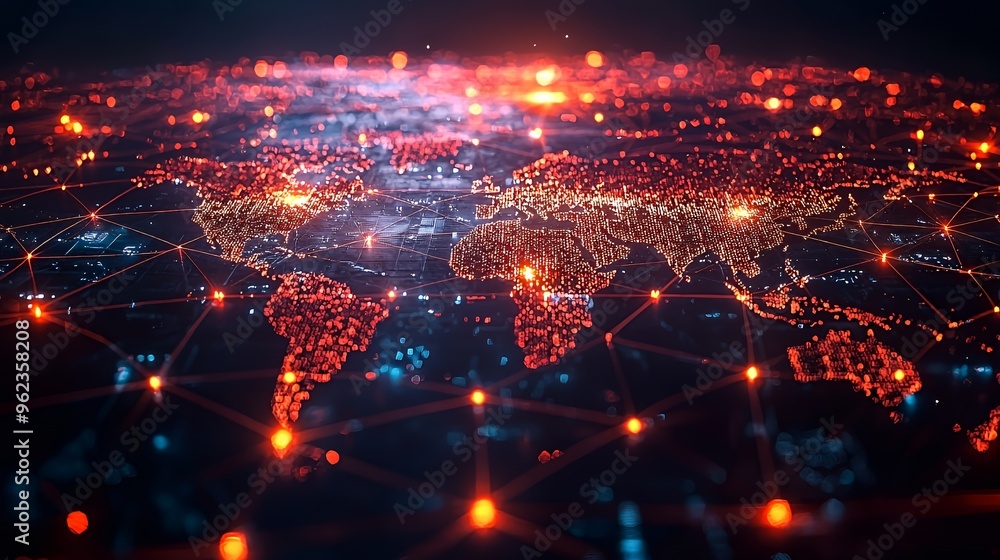 Poster world map made of glowing dots and lines, abstract digital network concept.