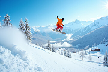 Snowboarder in mid air against snowy mountain backdrop