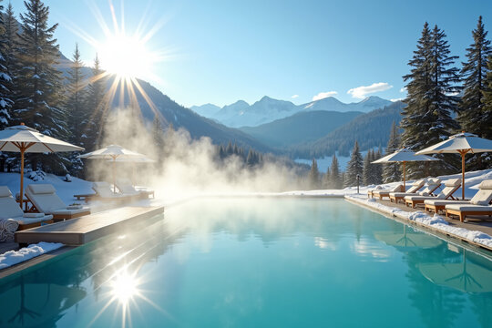 Luxury ski resort outdoor heated pool winter morning