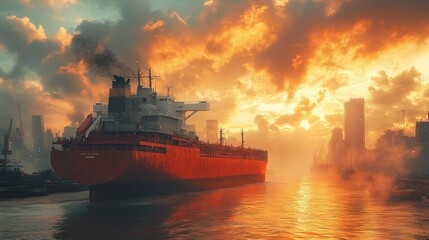 Obraz premium A large red cargo ship sails into a harbor city at sunset, with dramatic clouds and smoke in the air.