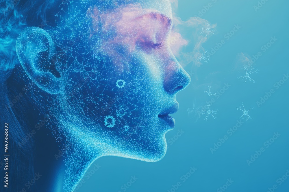 Aufkleber neurocognitive mental acuity futuristic profile of a woman with a glowing brain symbolizing the digi