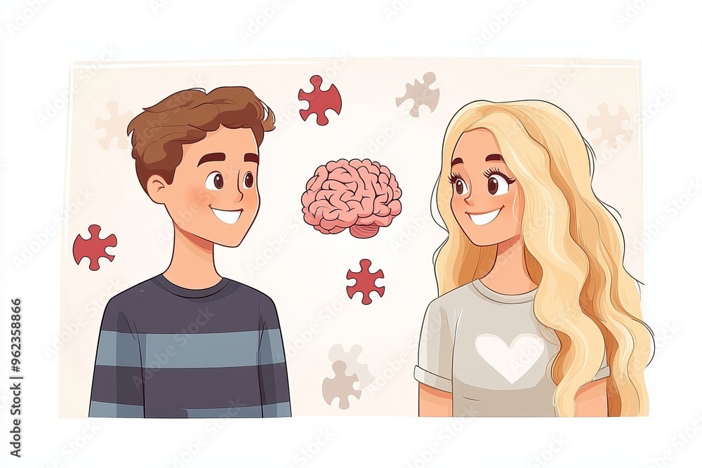 Aufkleber brain synaptic mental acuity whimsical illustration of a couple with floating brain icons representi
