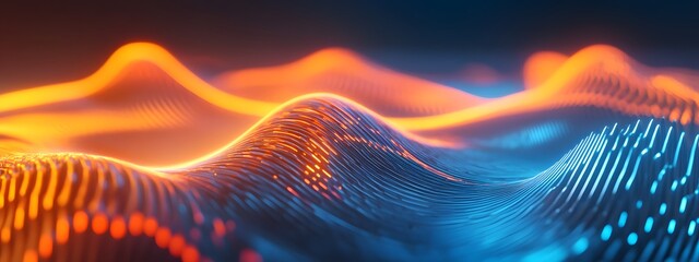 Sound waves with glowing neon lines on a dark background, 2D illustration style, in the style of blue and orange colors