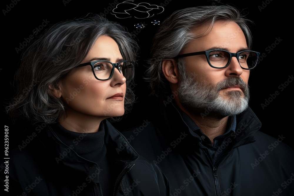 Poster brain function mental acuity mature couple with serious expressions and visible brains symbolizing t