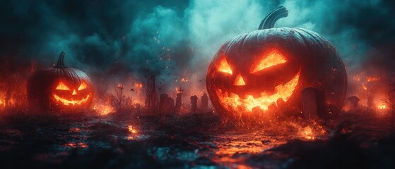 Flaming Jack-O-Lanterns in a Spooky Graveyard at Night