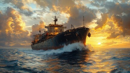 Fototapeta premium A large cargo ship sails through the ocean at sunset with a dramatic sky.