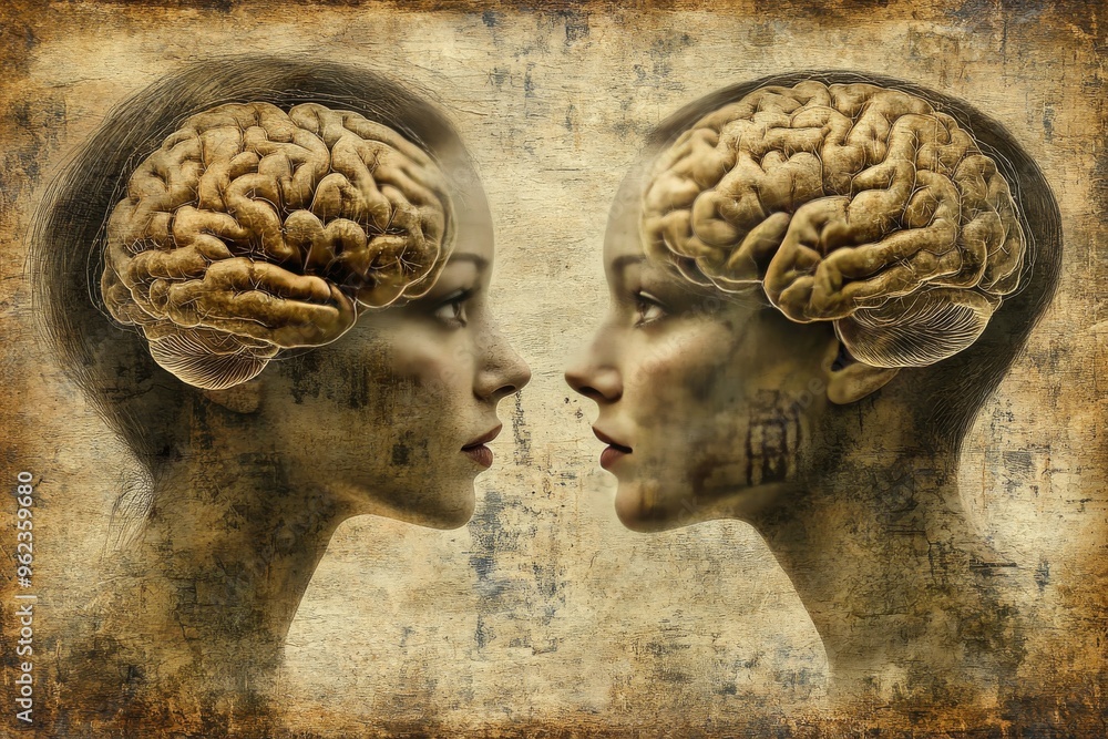 Poster neuronal process mental acuity weathered vintage illustration of two profiles with visible brains sy