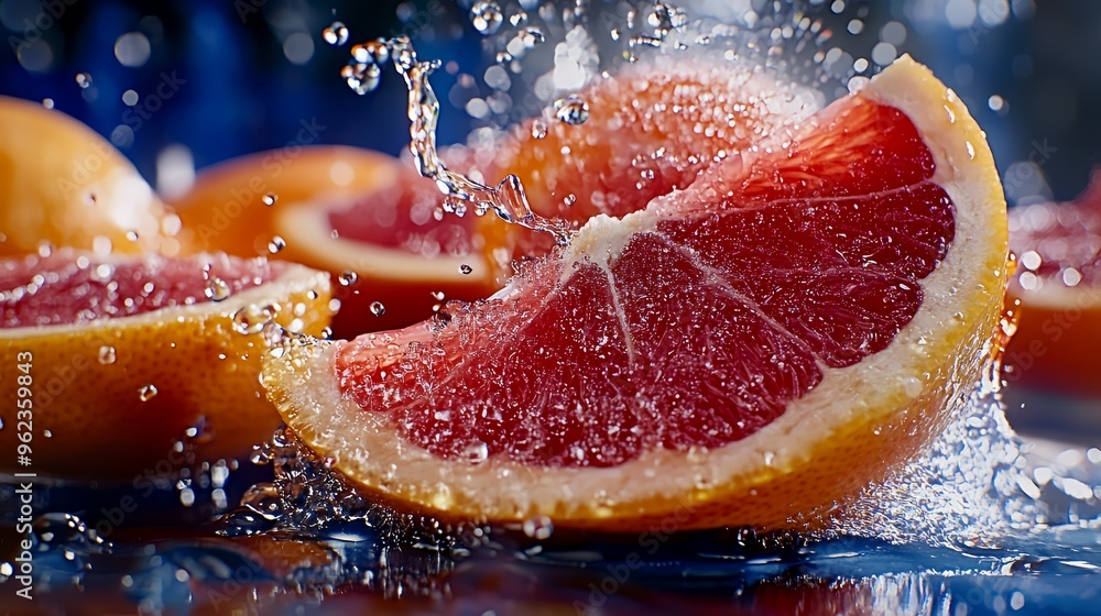 Poster fresh grapefruit slice splashing into water.
