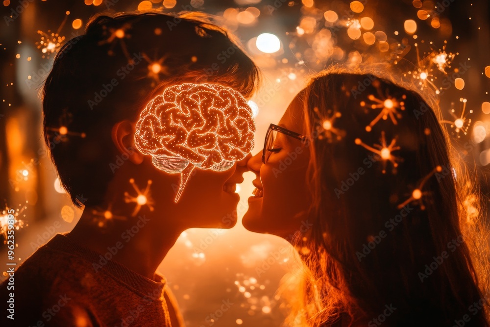 Aufkleber brain process high iq romantic couple with glowing brain patterns symbolizing the intellectual and e
