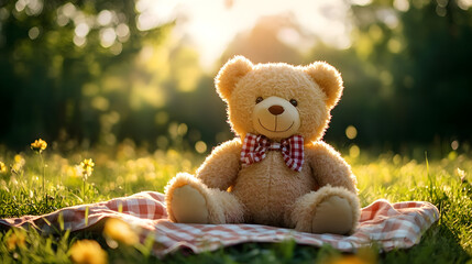 A cute teddy bear sitting on a picnic blanket in a sunlit meadow during a warm afternoon
