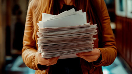 A woman holds a large collection of documents tightly against her chest in a brightly lit area, showcasing a busy environment filled with papers and tasks