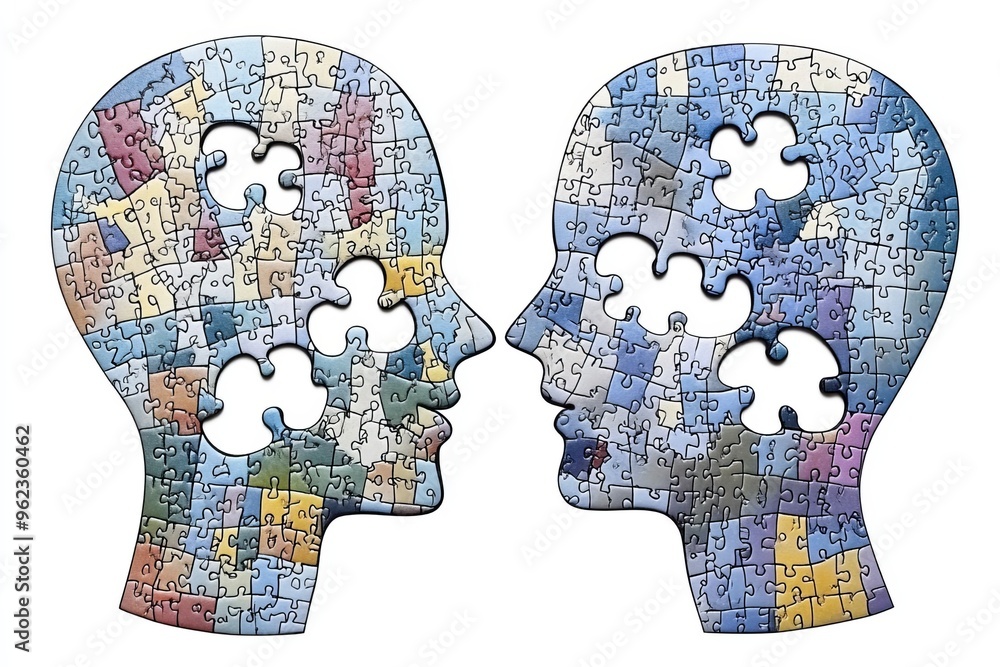 Poster neurocognitive high iq puzzle heads facing each other symbolizing the complex interplay of ideas and