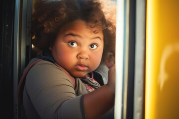 Student on school bus with worried expression because of bullying. Combating bullying