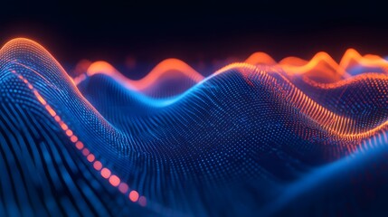 Sound waves with glowing neon lines on a dark background, 2D illustration style, in the style of blue and orange colors