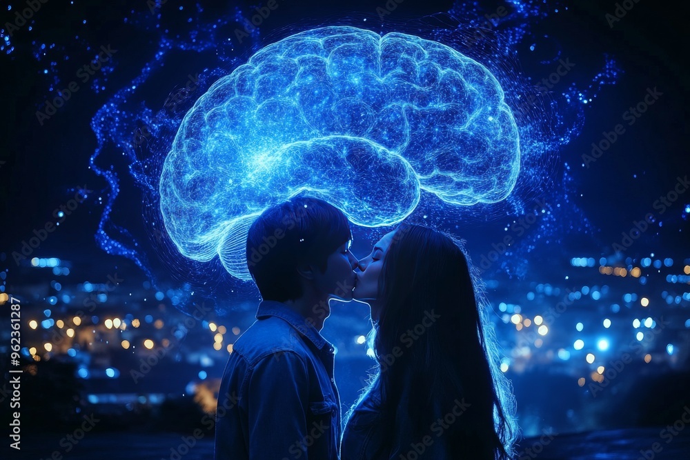 Poster neurocognitive high iq futuristic image of a couple with glowing brains symbolizing the advanced int