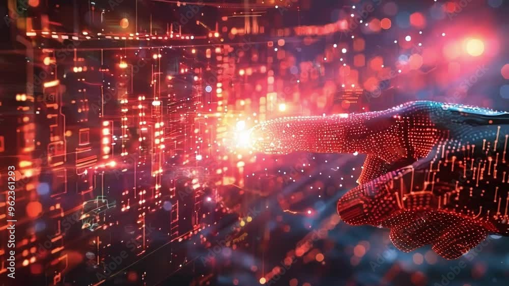 Poster robotic hand interacts delicately with a futuristic glowing interface. showcasing innovation and mod