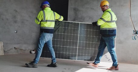 Construction, teamwork and men with solar panel in building for renewable energy installation and sustainability. Technician, collaboration and people with photovoltaic system at residential property