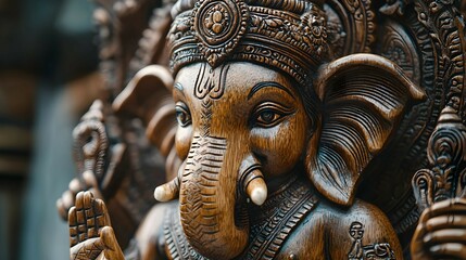 Obraz premium Close up of Carved Wooden Ganesh Statue with Intricate Details